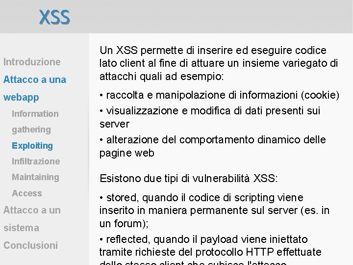 XSS Introduzione Attacco a una webapp Information gathering Exploiting Infiltrazione Un XSS permette di