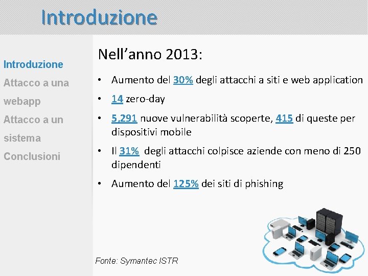 Introduzione Nell’anno 2013: Attacco a una • Aumento del 30% degli attacchi a siti