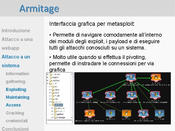 Armitage Interfaccia grafica per metasploit: Introduzione Attacco a una webapp Attacco a un sistema