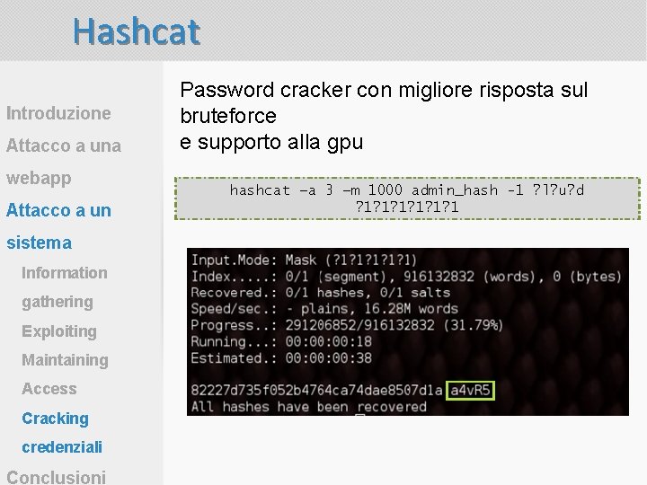 Hashcat Introduzione Attacco a una webapp Attacco a un sistema Information gathering Exploiting Maintaining