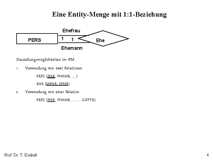 Eine Entity-Menge mit 1: 1 -Beziehung Ehefrau PERS 1 1 Ehemann Darstellungsmöglichkeiten im RM