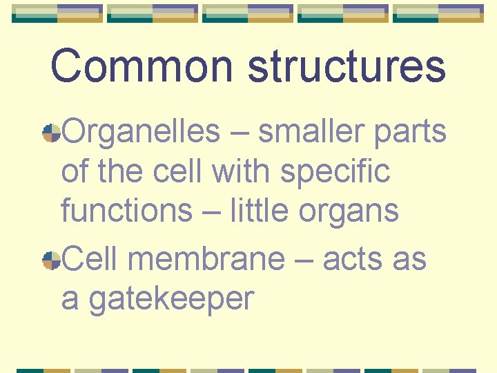 Common structures Organelles – smaller parts of the cell with specific functions – little