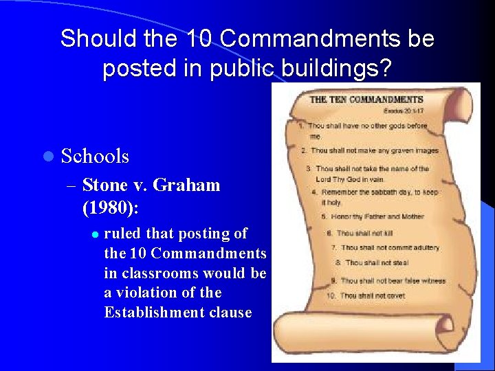 Should the 10 Commandments be posted in public buildings? l Schools – Stone v.
