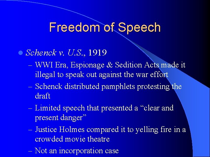 Freedom of Speech l Schenck v. U. S. , 1919 – WWI Era, Espionage