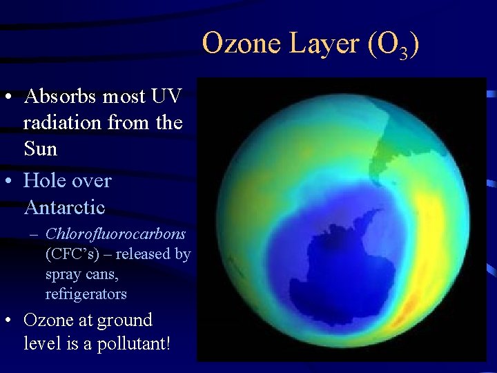 Ozone Layer (O 3) • Absorbs most UV radiation from the Sun • Hole