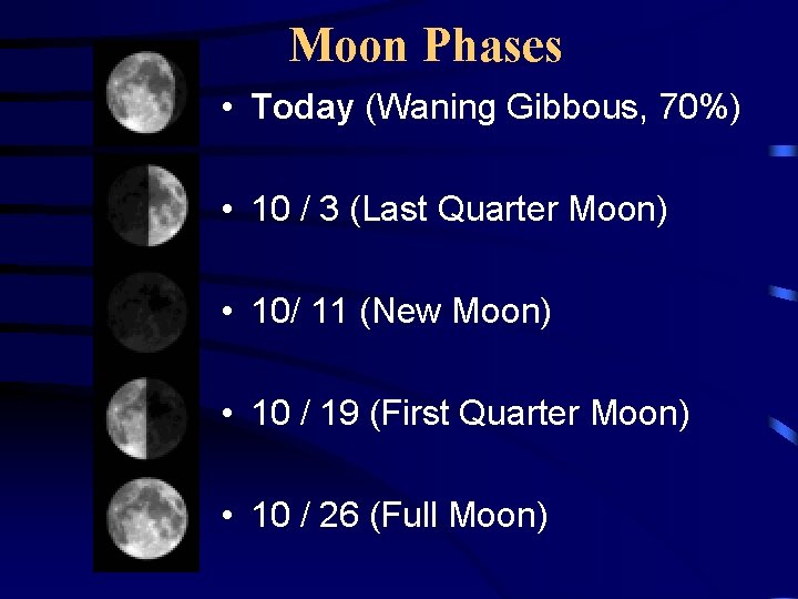 Moon Phases • Today (Waning Gibbous, 70%) • 10 / 3 (Last Quarter Moon)