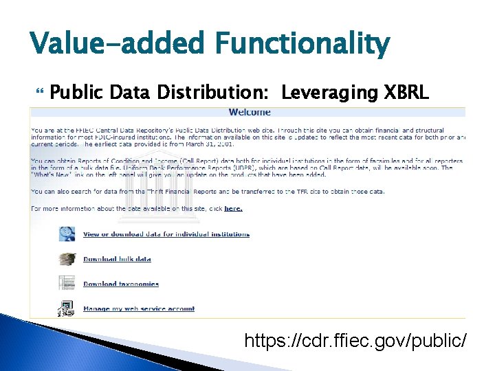 Value-added Functionality Public Data Distribution: Leveraging XBRL https: //cdr. ffiec. gov/public/ 