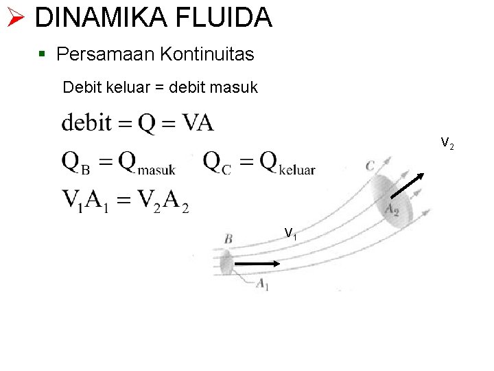 Ø DINAMIKA FLUIDA § Persamaan Kontinuitas Debit keluar = debit masuk V 2 V