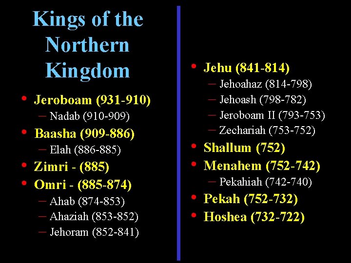 Kings of the Northern Kingdom • Jeroboam (931 -910) • Baasha (909 -886) •