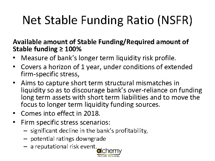 Net Stable Funding Ratio (NSFR) Available amount of Stable Funding/Required amount of Stable funding