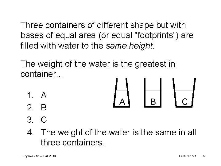 Three containers of different shape but with bases of equal area (or equal “footprints”)