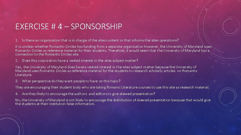 EXERCISE # 4 – SPONSORSHIP 1. Is there an organization that is in charge