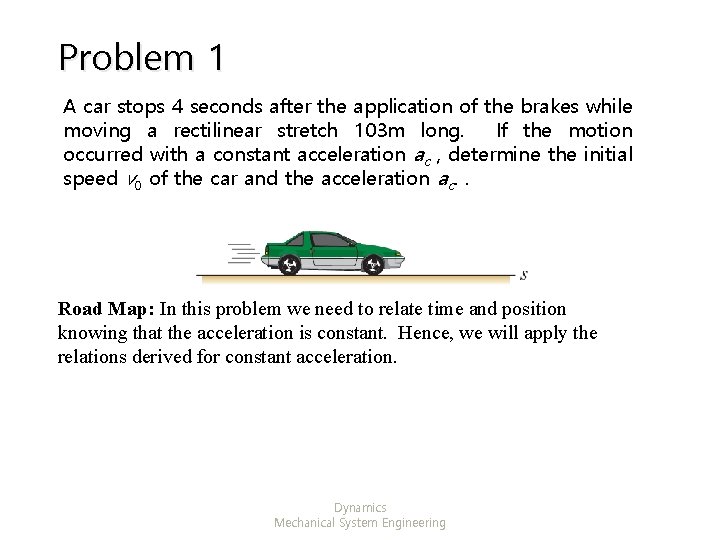 Problem 1 A car stops 4 seconds after the application of the brakes while