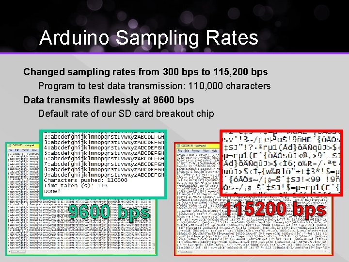 Arduino Sampling Rates Changed sampling rates from 300 bps to 115, 200 bps Program