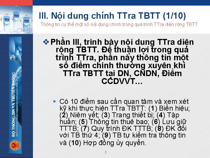 LOGO III. Nội dung chính TTra TBTT (1/10) Thông tin cụ thể một số