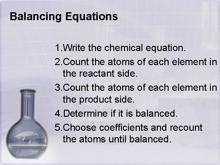 Balancing Equations 1. Write the chemical equation. 2. Count the atoms of each element