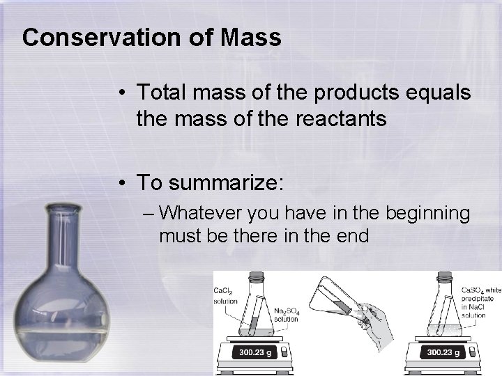 Conservation of Mass • Total mass of the products equals the mass of the