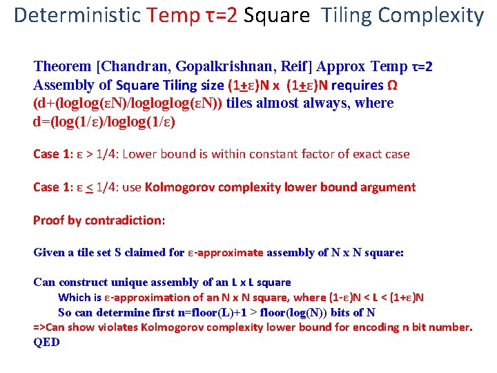 Deterministic Temp τ=2 Square Tiling Complexity Theorem [Chandran, Gopalkrishnan, Reif] Approx Temp τ=2 Assembly