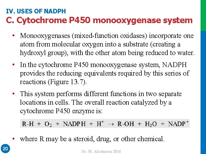 IV. USES OF NADPH C. Cytochrome P 450 monooxygenase system • Monooxygenases (mixed-function oxidases)