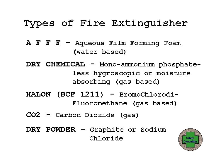 Types of Fire Extinguisher A F F F - Aqueous Film Forming Foam (water