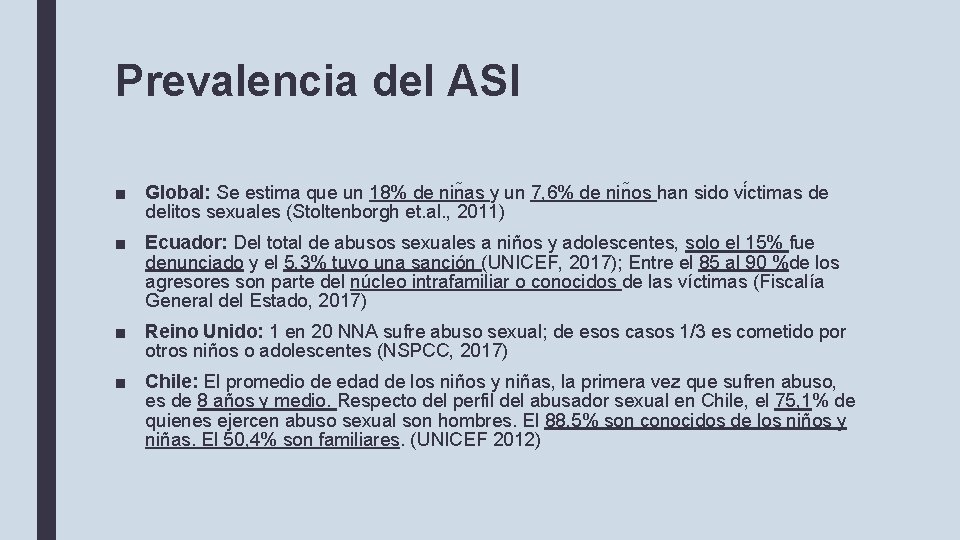 Prevalencia del ASI ■ Global: Se estima que un 18% de nin as y