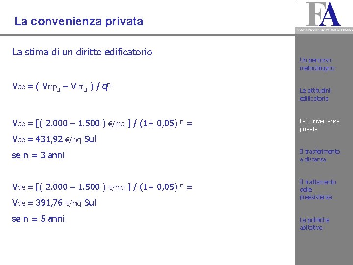 La convenienza privata La stima di un diritto edificatorio Un percorso metodologico Vde =