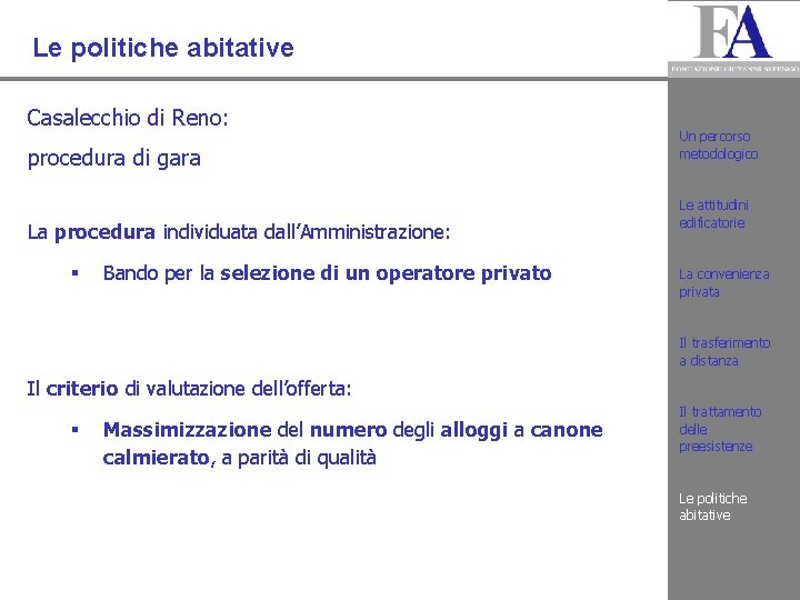 Le politiche abitative Casalecchio di Reno: procedura di gara La procedura individuata dall’Amministrazione: §