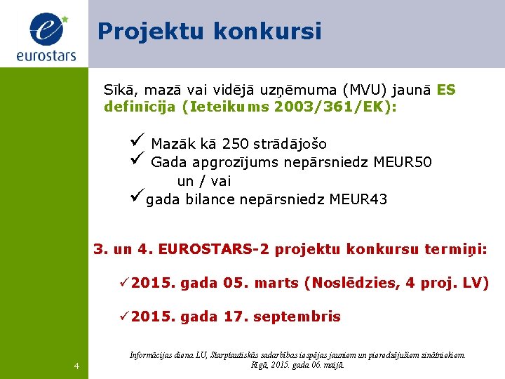 Projektu konkursi Sīkā, mazā vai vidējā uzņēmuma (MVU) jaunā ES definīcija (Ieteikums 2003/361/EK): ü