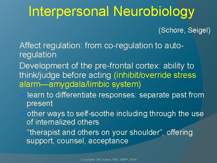 Interpersonal Neurobiology (Schore, Seigel) Affect regulation: from co-regulation to autoregulation Development of the pre-frontal