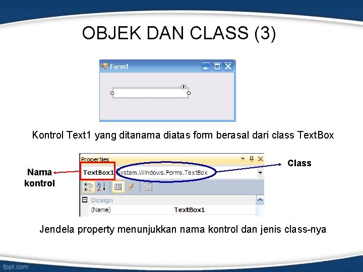 OBJEK DAN CLASS (3) Kontrol Text 1 yang ditanama diatas form berasal dari class