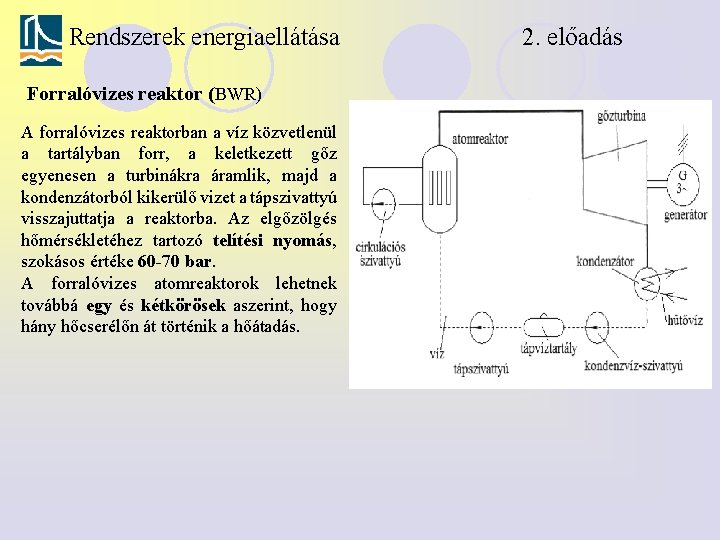 Rendszerek energiaellátása Forralóvizes reaktor (BWR) A forralóvizes reaktorban a víz közvetlenül a tartályban forr,