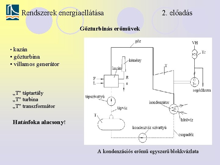 Rendszerek energiaellátása 2. előadás Gőzturbinás erőművek • kazán • gőzturbina • villamos generátor „T”