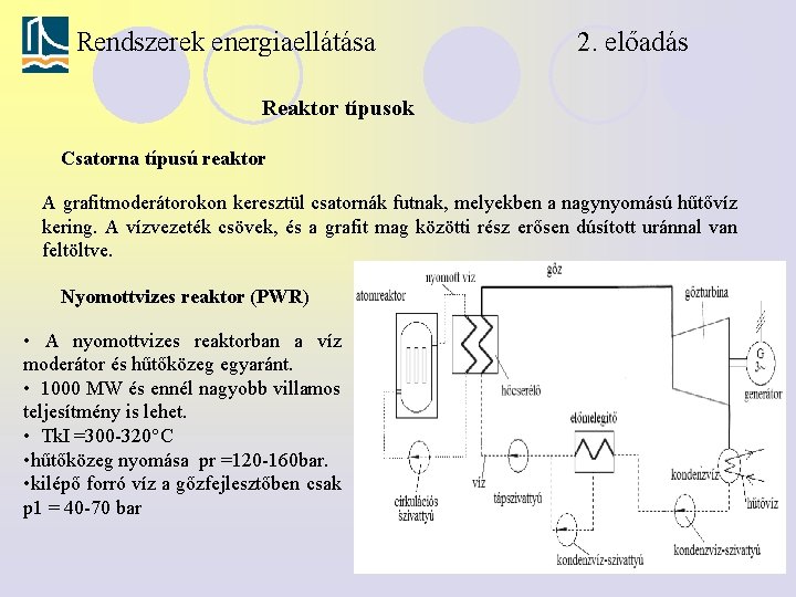 Rendszerek energiaellátása 2. előadás Reaktor típusok Csatorna típusú reaktor A grafitmoderátorokon keresztül csatornák futnak,