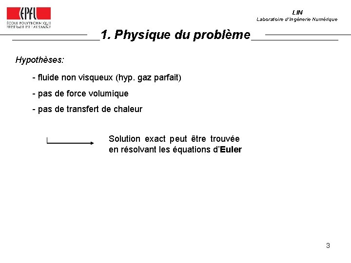 LIN Laboratoire d’Ingénerie Numérique 1. Physique du problème Hypothèses: - fluide non visqueux (hyp.
