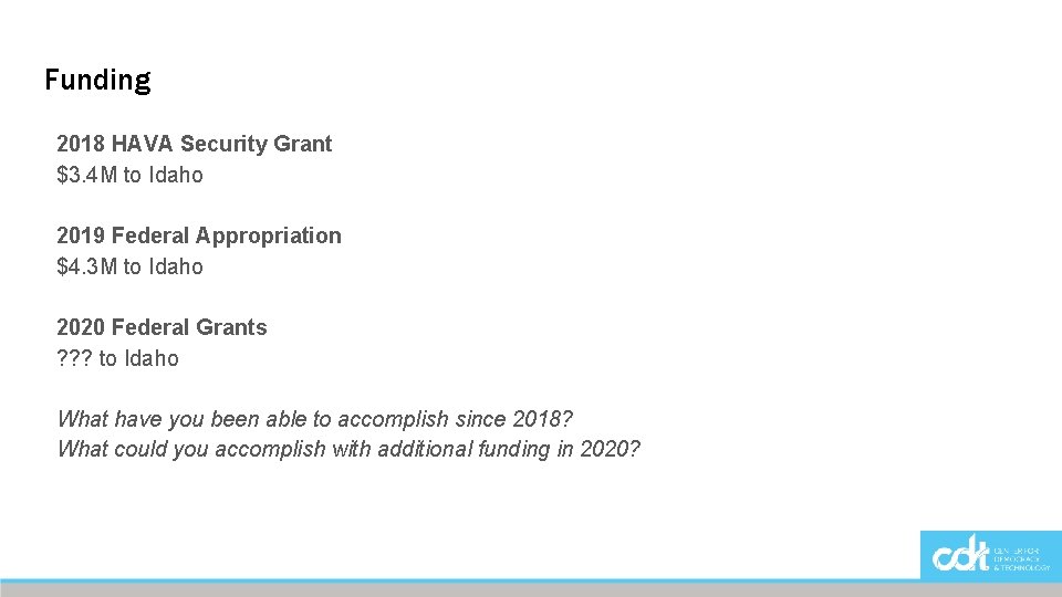Funding 2018 HAVA Security Grant $3. 4 M to Idaho 2019 Federal Appropriation $4.