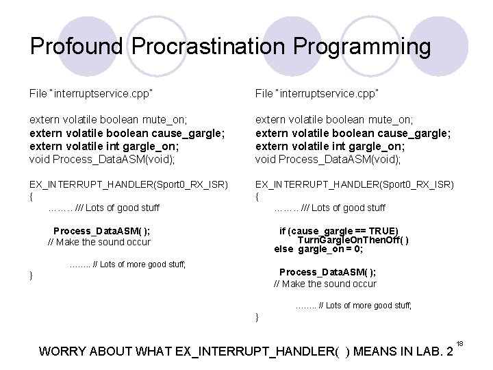 Profound Procrastination Programming File “interruptservice. cpp” extern volatile boolean mute_on; extern volatile boolean cause_gargle;
