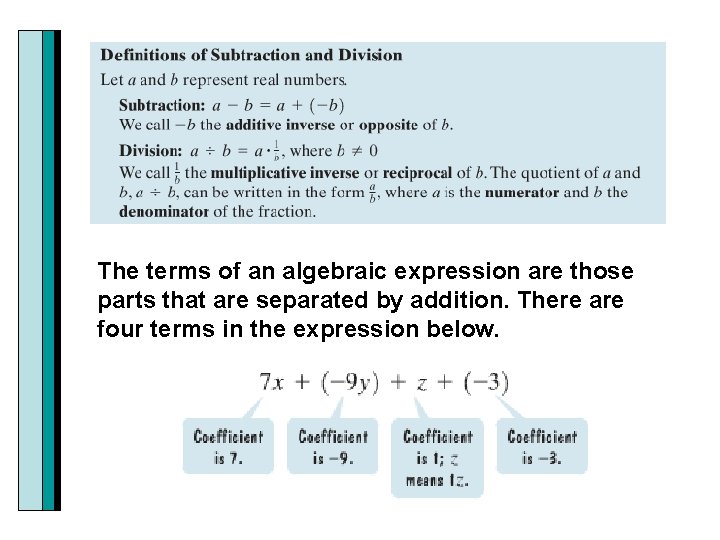 The terms of an algebraic expression are those parts that are separated by addition.