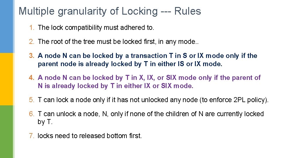 Multiple granularity of Locking --- Rules 1. The lock compatibility must adhered to. 2.