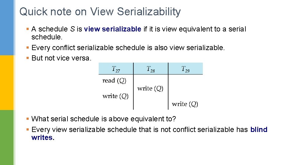 Quick note on View Serializability § A schedule S is view serializable if it