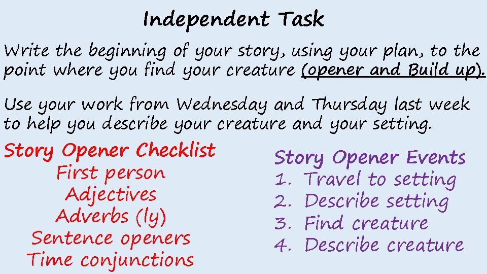 Independent Task Write the beginning of your story, using your plan, to the point