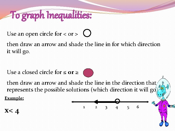 To graph Inequalities: Use an open circle for < or > then draw an