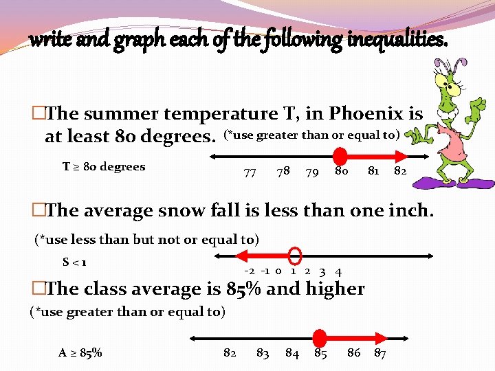 write and graph each of the following inequalities. �The summer temperature T, in Phoenix