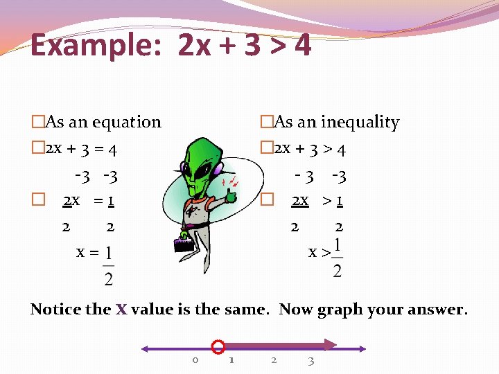 Example: 2 x + 3 > 4 �As an equation � 2 x +