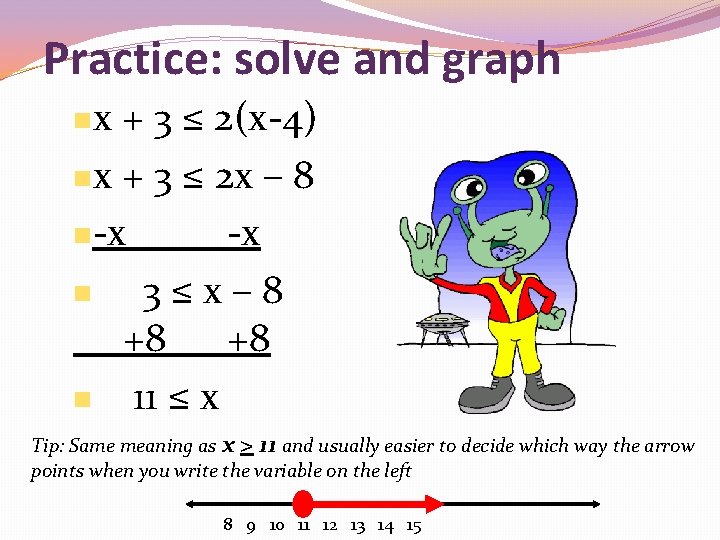 Practice: solve and graph nx + 3 ≤ 2(x-4) nx + 3 ≤ 2
