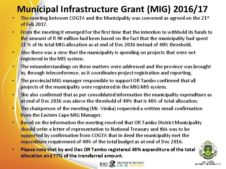  • • • Municipal Infrastructure Grant (MIG) 2016/17 The meeting between COGTA and