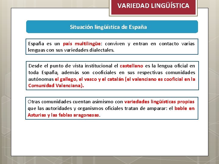 VARIEDAD LINGÜÍSTICA Situación lingüística de España es un país multilingüe: conviven y entran en