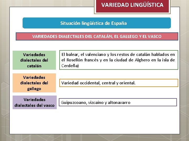 VARIEDAD LINGÜÍSTICA Situación lingüística de España VARIEDADES DIALECTALES DEL CATALÁN, EL GALLEGO Y EL