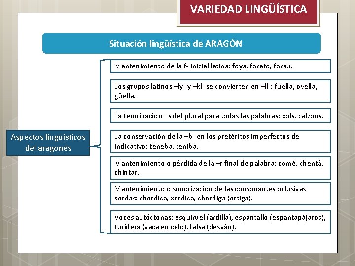 VARIEDAD LINGÜÍSTICA Situación lingüística de ARAGÓN Mantenimiento de la f- inicial latina: foya, forato,