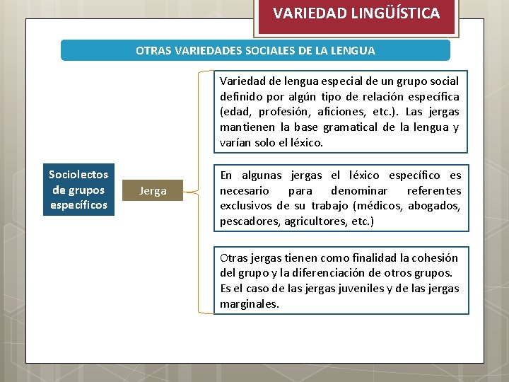 VARIEDAD LINGÜÍSTICA OTRAS VARIEDADES SOCIALES DE LA LENGUA Variedad de lengua especial de un