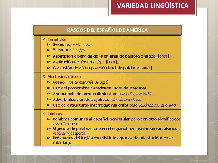 VARIEDAD LINGÜÍSTICA RASGOS DEL ESPAÑOL DE AMÉRICA 